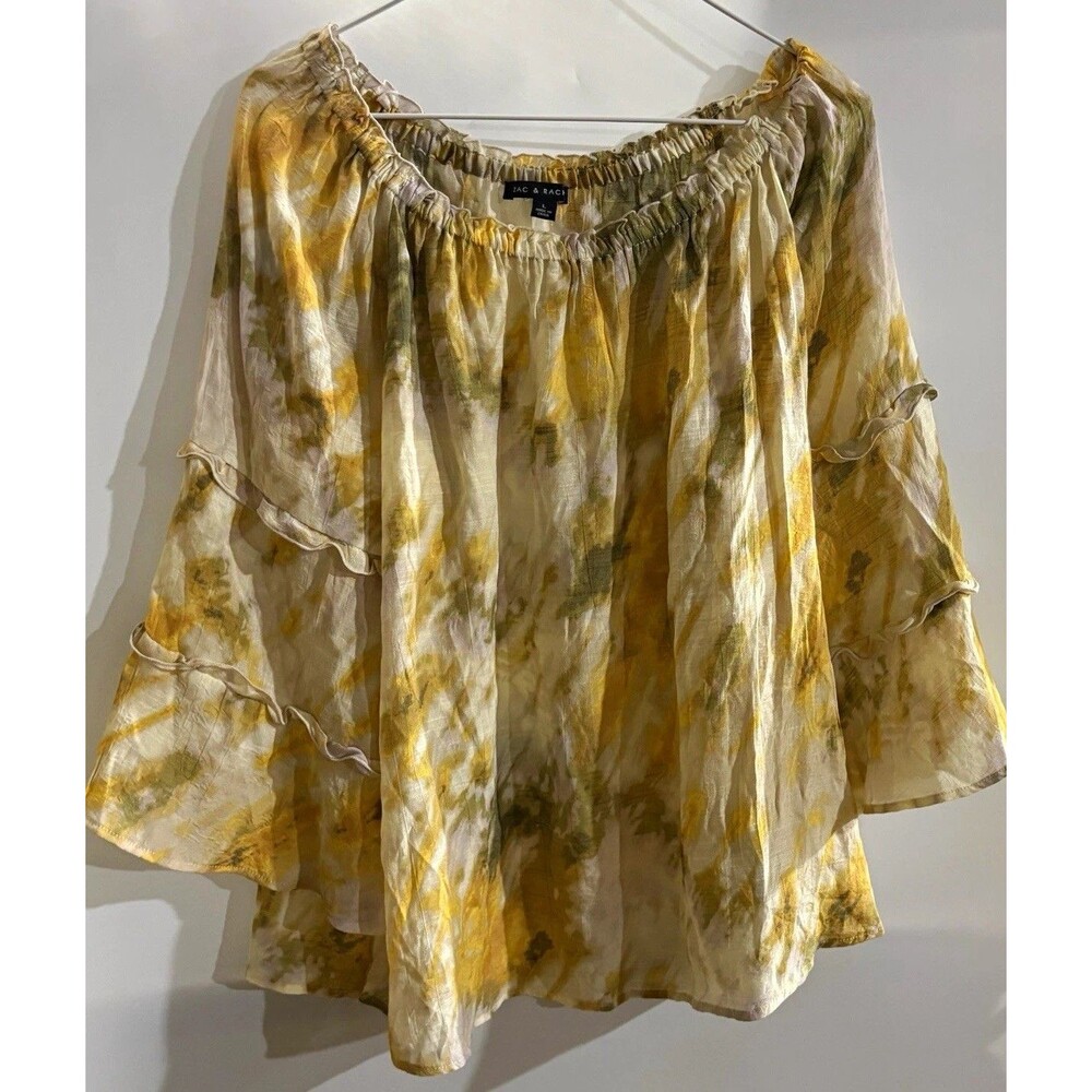 Zac & Rachel Women’s Blouse L Yellow Abstract Off-Shoulder 3/4 Sleeve